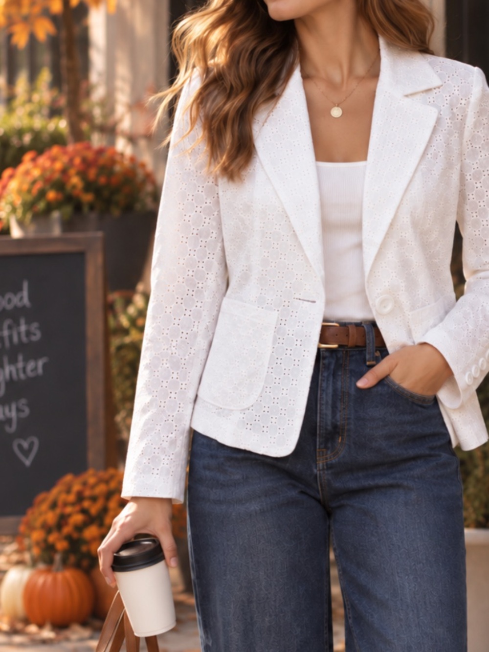 KUT From The Kloth White Eyelet Cotton Blazer Jacket L Feminine Academia Preppy